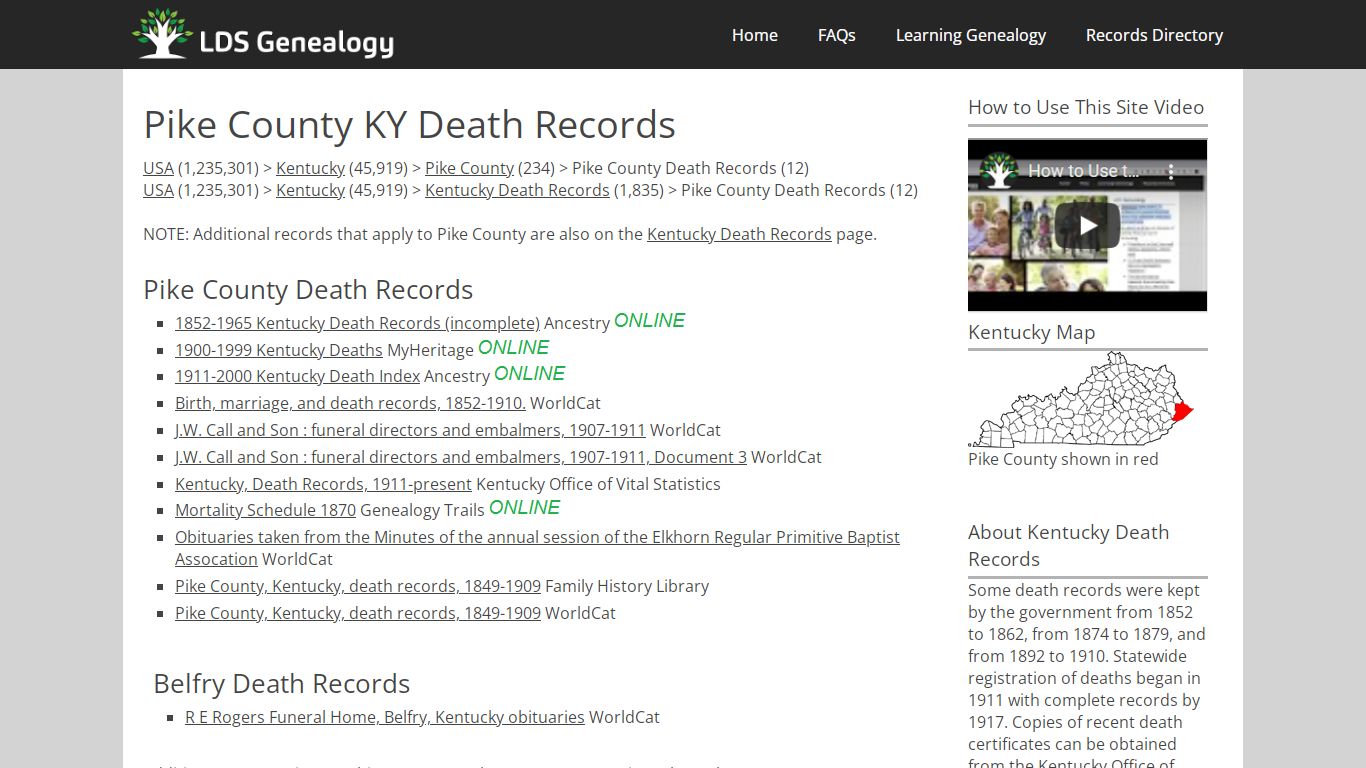 Pike County KY Death Records - LDS Genealogy